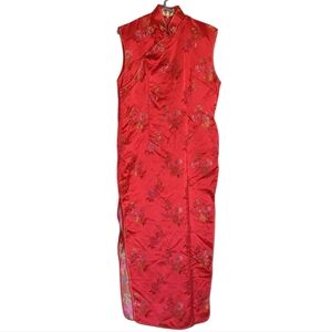 Vintage 1950s Bauhinia Red Satin Embroidered Cheongsam Qipao Dress